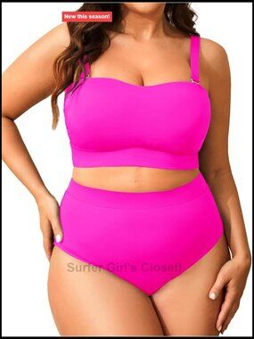 Plus Size High Waisted Bandeau Bikini Two Piece Swimsuit Adjustable Straps
